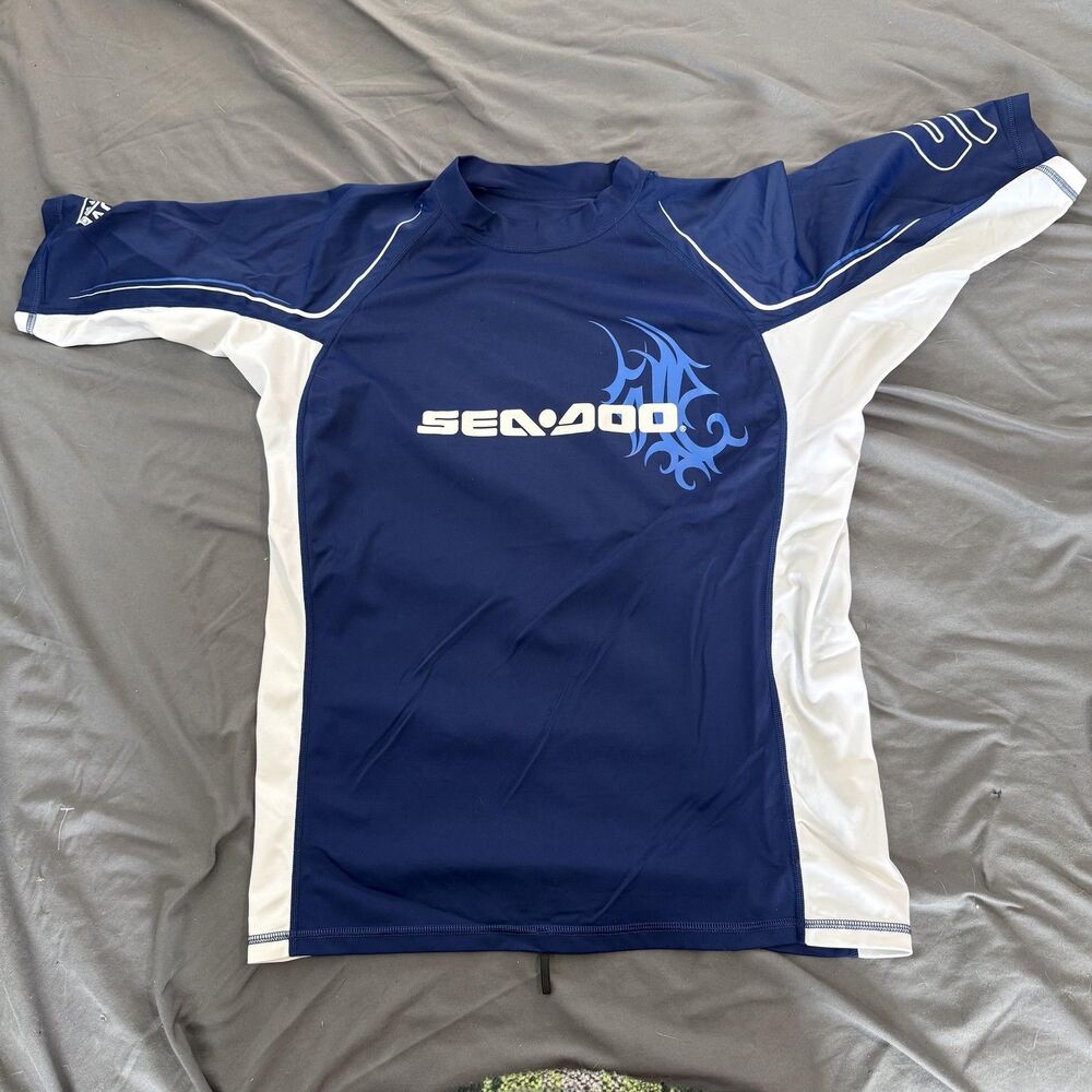 Sea-Doo Blue Short Sleeve Rash Guard Shirt Mens XL Nylon Spandex Jet Ski Swim